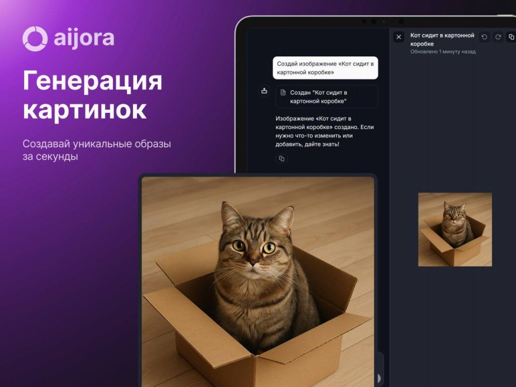 Генерация изображения кота в коробке по текстовому запросу в сервисе Aijora.